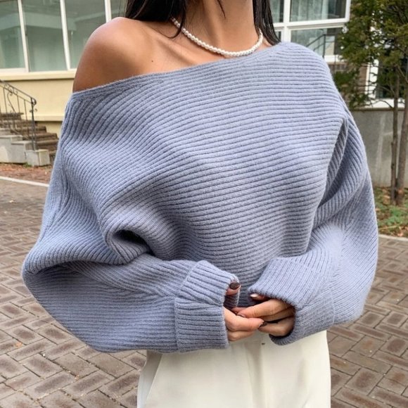 . Sweaters - Blue Womens Batwing Boat Neck knit Sweater top